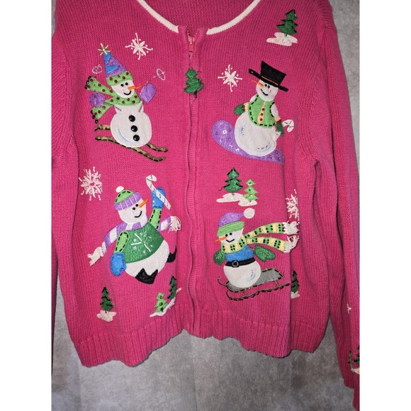 Tiara International Christmas Collection VTG Pink Snowman Sweater Cardigan - Picture 2 of 10